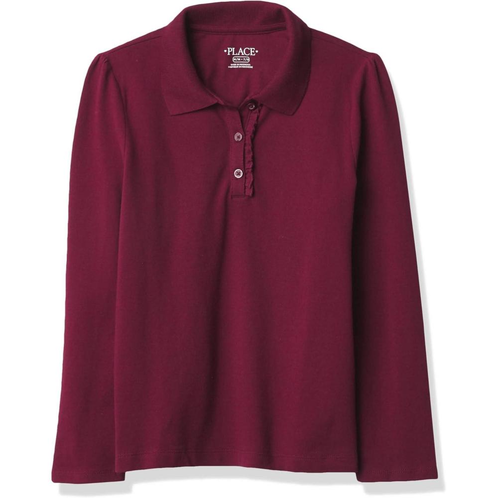 imageThe Childrens Place Girls Uniform Long Sleeve Ruffle Pique PoloRubine Single
