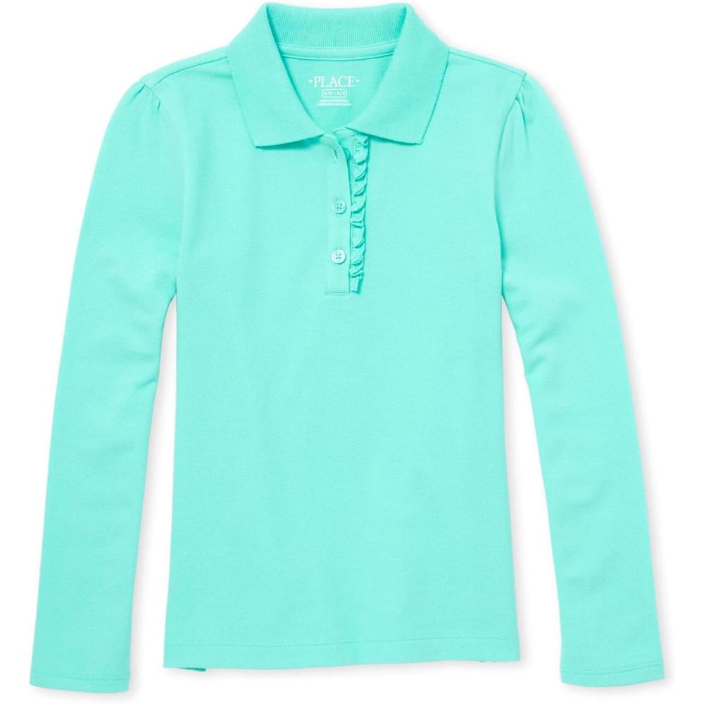 imageThe Childrens Place Girls Uniform Long Sleeve Ruffle Pique PoloSeafrost