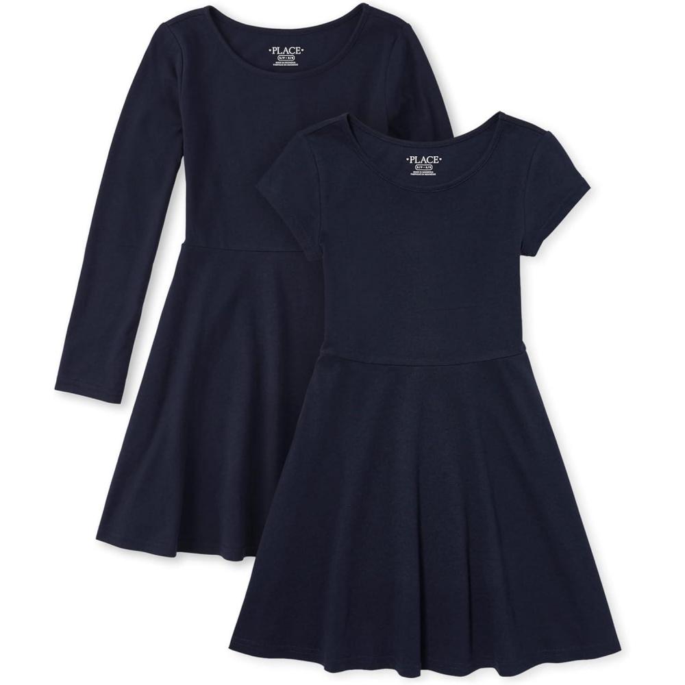 imageThe Childrens Place girls Long amp Short Sleeve Basic Skater Dress 2 PackTidal 2pack