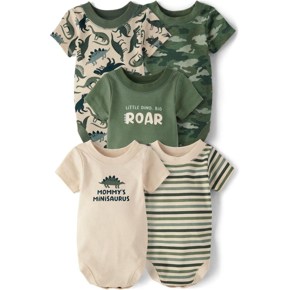 imageThe Childrens Place Baby Boys And Newborn Short Sleeve Bodysuits MultipacksGreenwich Dino 5pack