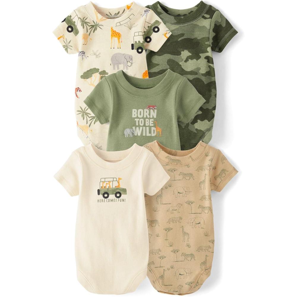 imageThe Childrens Place Baby Boys And Newborn Short Sleeve Bodysuits MultipacksSafari 5pack