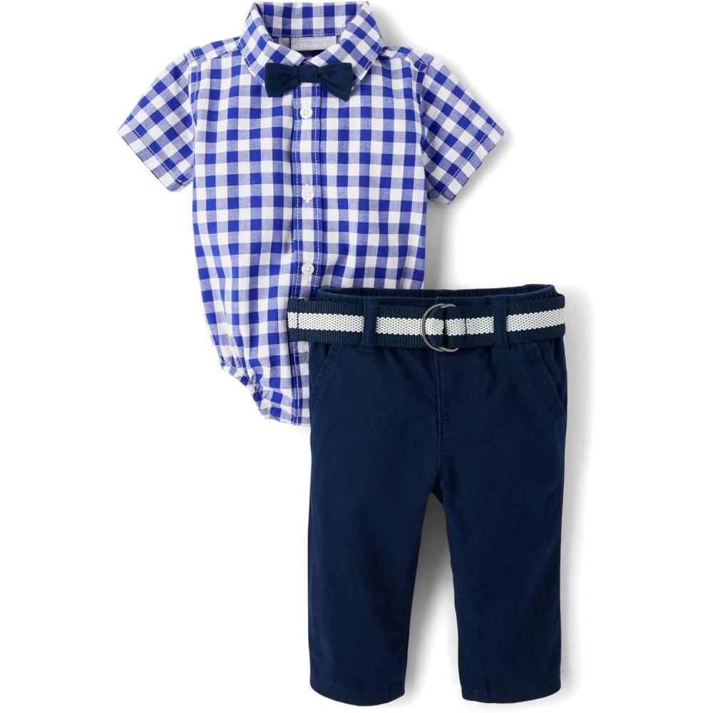 imageThe Childrens Place Baby Boys And Newborn Short Sleeve Button Down Shirt and Shorts 2 Piece Outfit SetRenew Blue Check