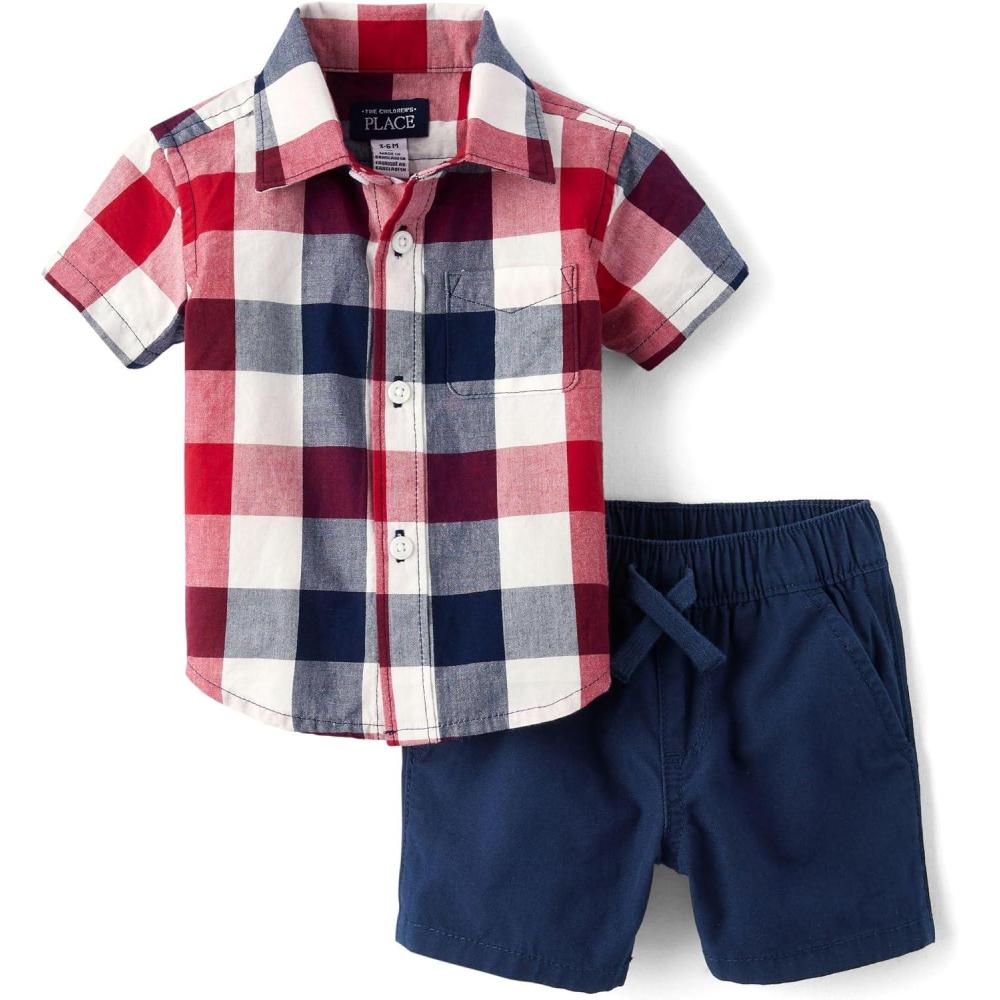 imageThe Childrens Place Baby Boys And Newborn Short Sleeve Button Down Shirt and Shorts 2 Piece SetAmericana Gingham
