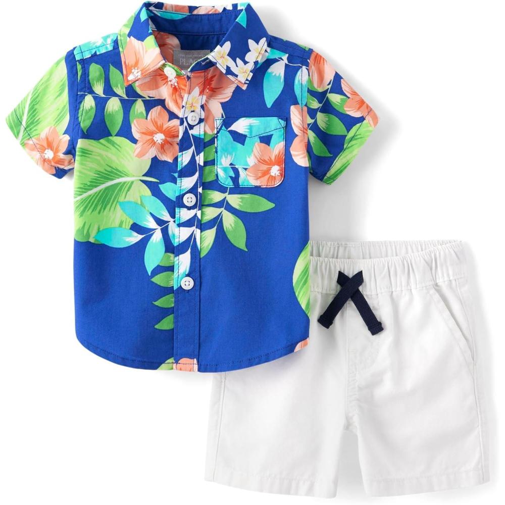 imageThe Childrens Place Baby Boys And Newborn Short Sleeve Button Down Shirt and Shorts 2 Piece SetCool Cobalt Hawaiian