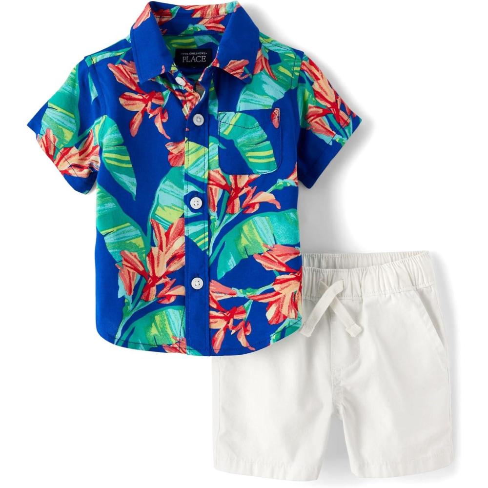 imageThe Childrens Place Baby Boys And Newborn Short Sleeve Button Down Shirt and Shorts 2 Piece SetPalm Tropical