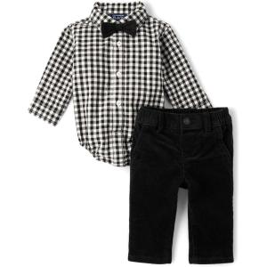 The Children’s Place Baby Boys’ And Newborn Button Down Shirt and Pants, 2 Piece Outfit(Black Check)