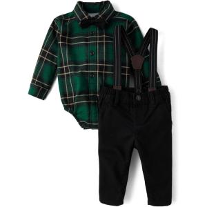 The Children’s Place Baby Boys’ And Newborn Button Down Shirt and Pants, 2 Piece Outfit(Green Plaid Set)