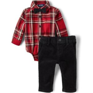 The Children’s Place Baby Boys’ And Newborn Button Down Shirt and Pants, 2 Piece Outfit(Redochre)