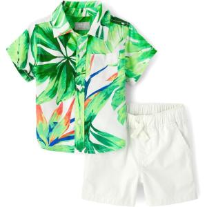 The Children’s Place Baby Boys’ And Newborn Short Sleeve Button Down Shirt and Shorts 2 Piece Outfit Set(Palm Tree)