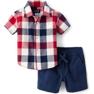 The Children’s Place Baby Boys’ And Newborn Short Sleeve Button Down Shirt and Shorts 2 Piece Set(Americana Gingham)