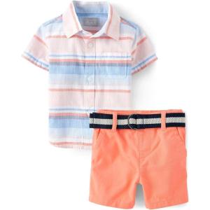 The Children’s Place Baby Boys’ And Newborn Short Sleeve Button Down Shirt and Shorts 2 Piece Set(Summer Dawn Stripe)
