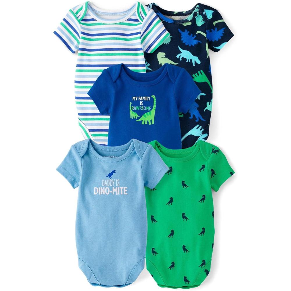 imageThe Childrens Place Baby Boys And Newborn Short Sleeve BodysuitsmultipacksAtomic Blue Dino 5pack