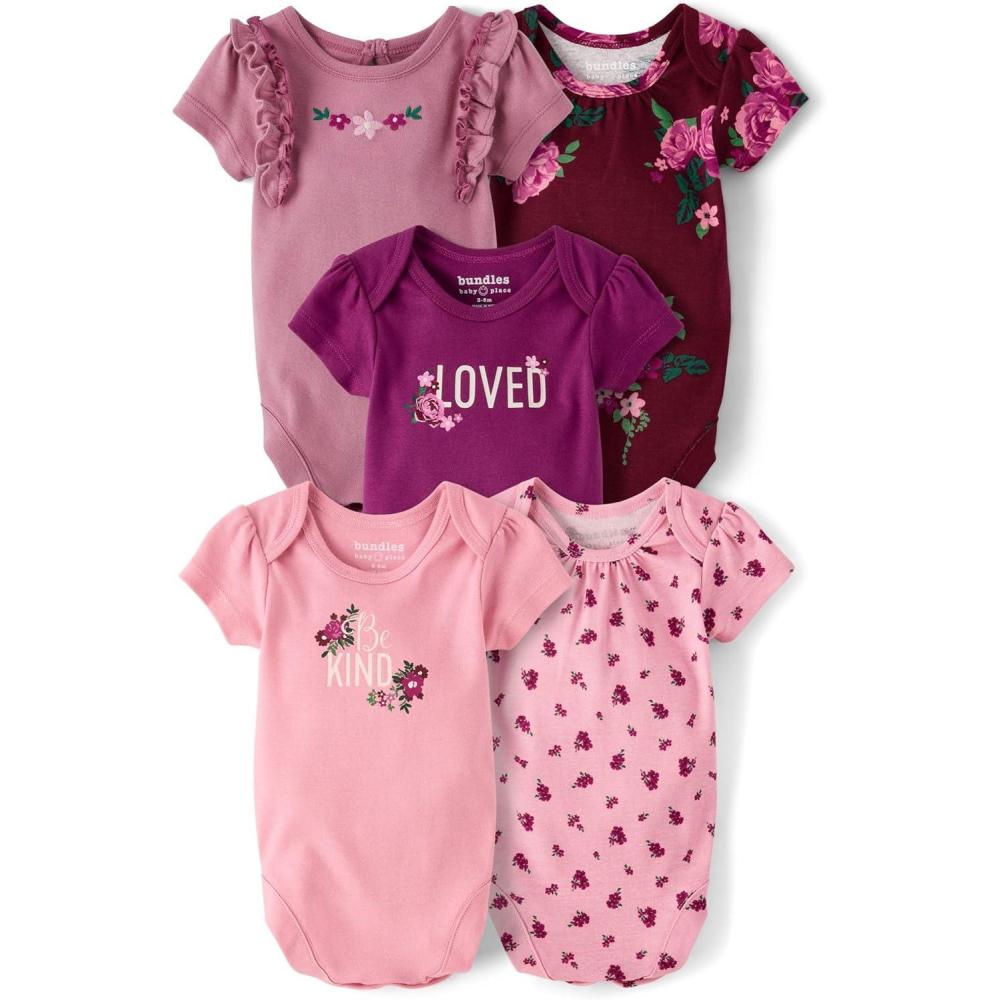 imageThe Childrens Place Baby Boys And Newborn Short Sleeve BodysuitsmultipacksPink Floral 5pack