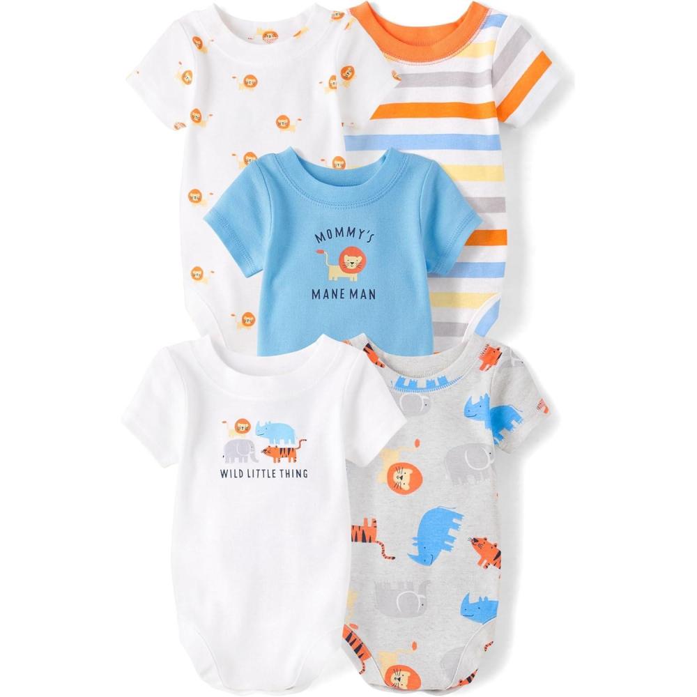 imageThe Childrens Place Baby Boys And Newborn Short Sleeve BodysuitsmultipacksWhite Safari 5pack