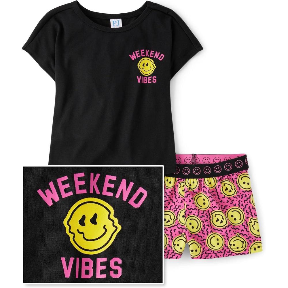 imageThe Childrens Place Girls Short Sleeve Top and Shorts2 Piece Pajama SetHappy Face Vibes