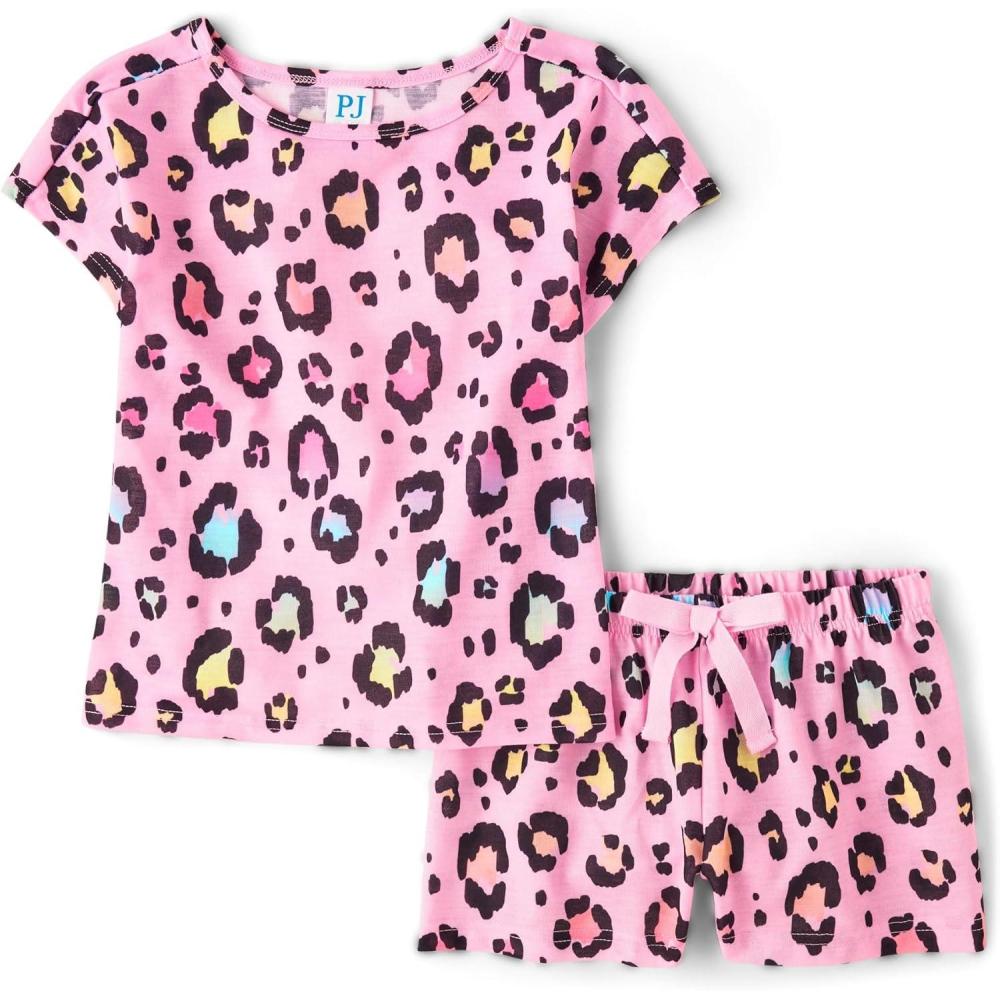 imageThe Childrens Place Girls Short Sleeve Top and Shorts2 Piece Pajama SetSparkle Pink Leopard