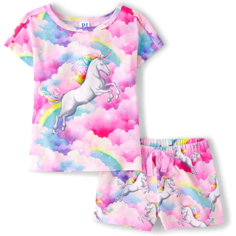 imageThe Childrens Place Girls Short Sleeve Top and Shorts2 Piece Pajama SetUnicorn Pink Neon