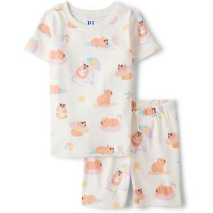 The Children’s Place Girls’ 100% Cotton Sleeve Top and Shorts 2 Piece Pajama Set(Fair Ivory)