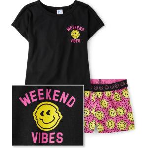 The Children’s Place Girls’ Short Sleeve Top and Shorts,2 Piece Pajama Set(Happy Face Vibes)