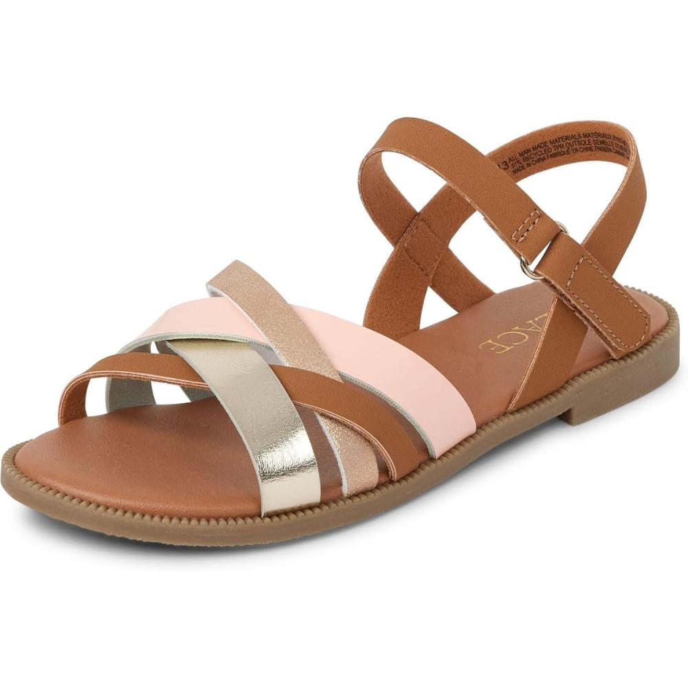 imageThe Childrens Place Girls Adjustable Ankle Strap Flat SandalsPink Gold Multi Crisscross