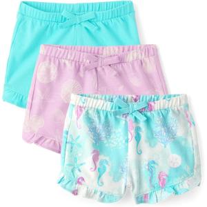 The Children’s Place Baby Girls’ and Newborn Cotton Pull on Everyday Shorts(Seahorses and Seashells 3-pack)