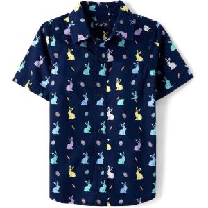 The Children’s Place Boys’ Short Sleeve Poplin Button Down Shirt(Tidal Bunny)