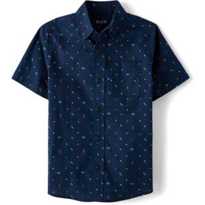 The Children’s Place Boys’ Short Sleeve Poplin Button Down Shirt(Tidal Doodle)