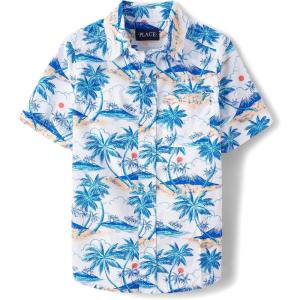 The Children’s Place Boys’ Short Sleeve Poplin Button Down Shirt(White Palm Tree Print)