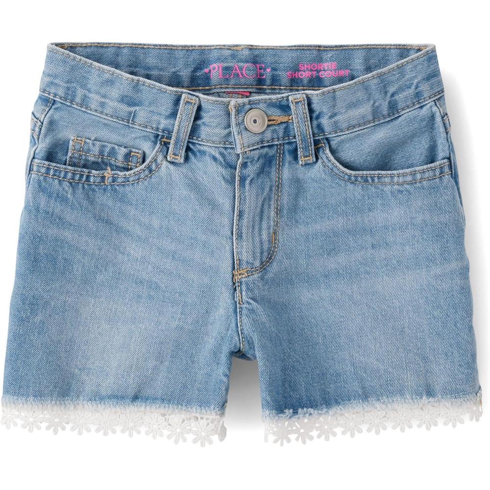 imageThe Childrens Place Girls Denim Shortie ShortsGemini Wash Lace Hem