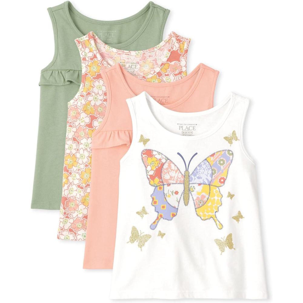 imageThe Childrens Place Baby Girls Toddler Girls Everyday Tank TopsWhiteGreenFloralPink 4pack