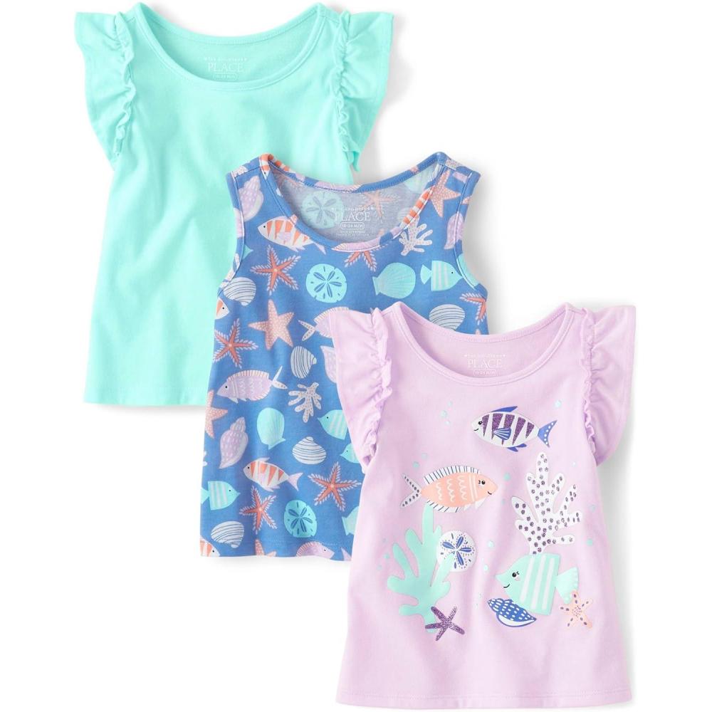 imageThe Childrens Place Baby Girls and Toddler Short Sleeve Everyday TShirtsSea Blue 3pack