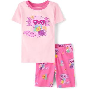 The Children’s Place Girls’ 100% Cotton Sleeve Top and Shorts 2 Piece Pajama Set(Bow Pink)