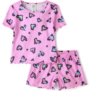 The Children’s Place Girls’ Short Sleeve Top and Shorts,2 Piece Pajama Set(Pink Rainbow Hearts)