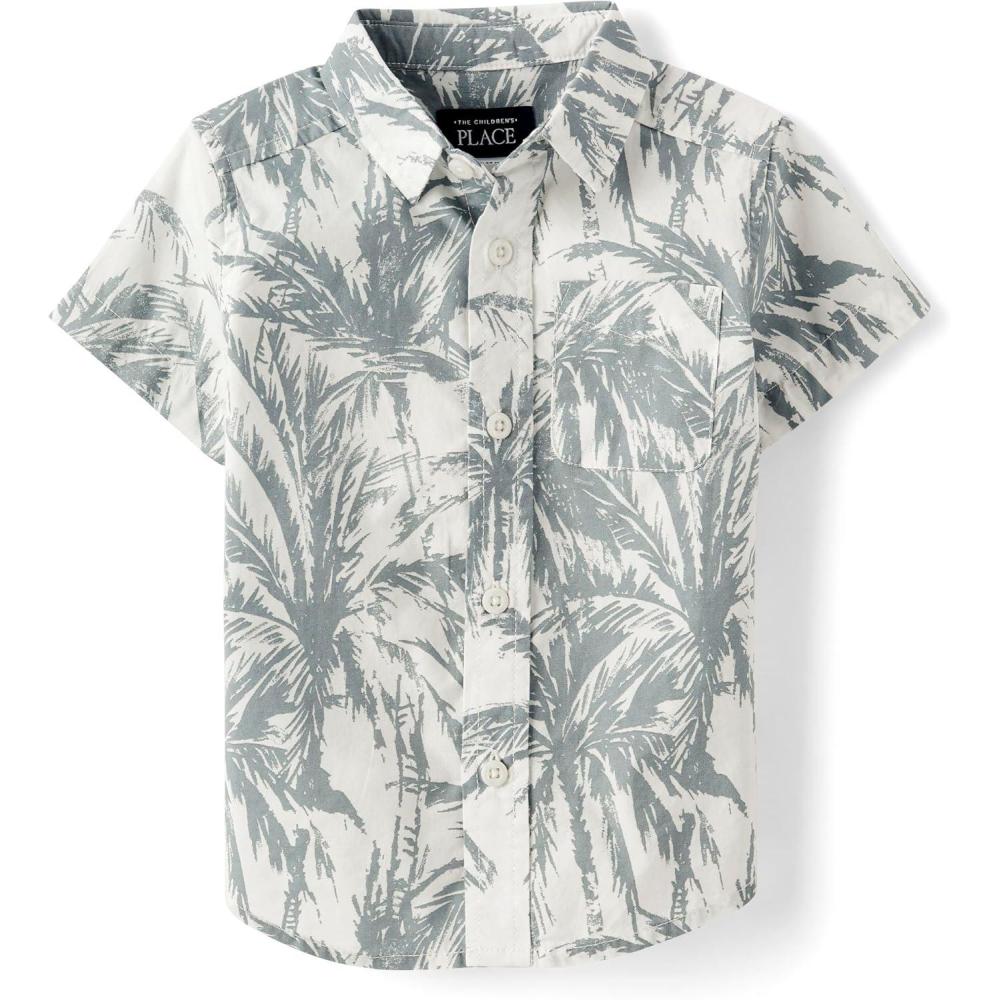 imageThe Childrens Place Baby Boys and Toddler Poplin Short Sleeve Button Down ShirtFin Gray Tropical