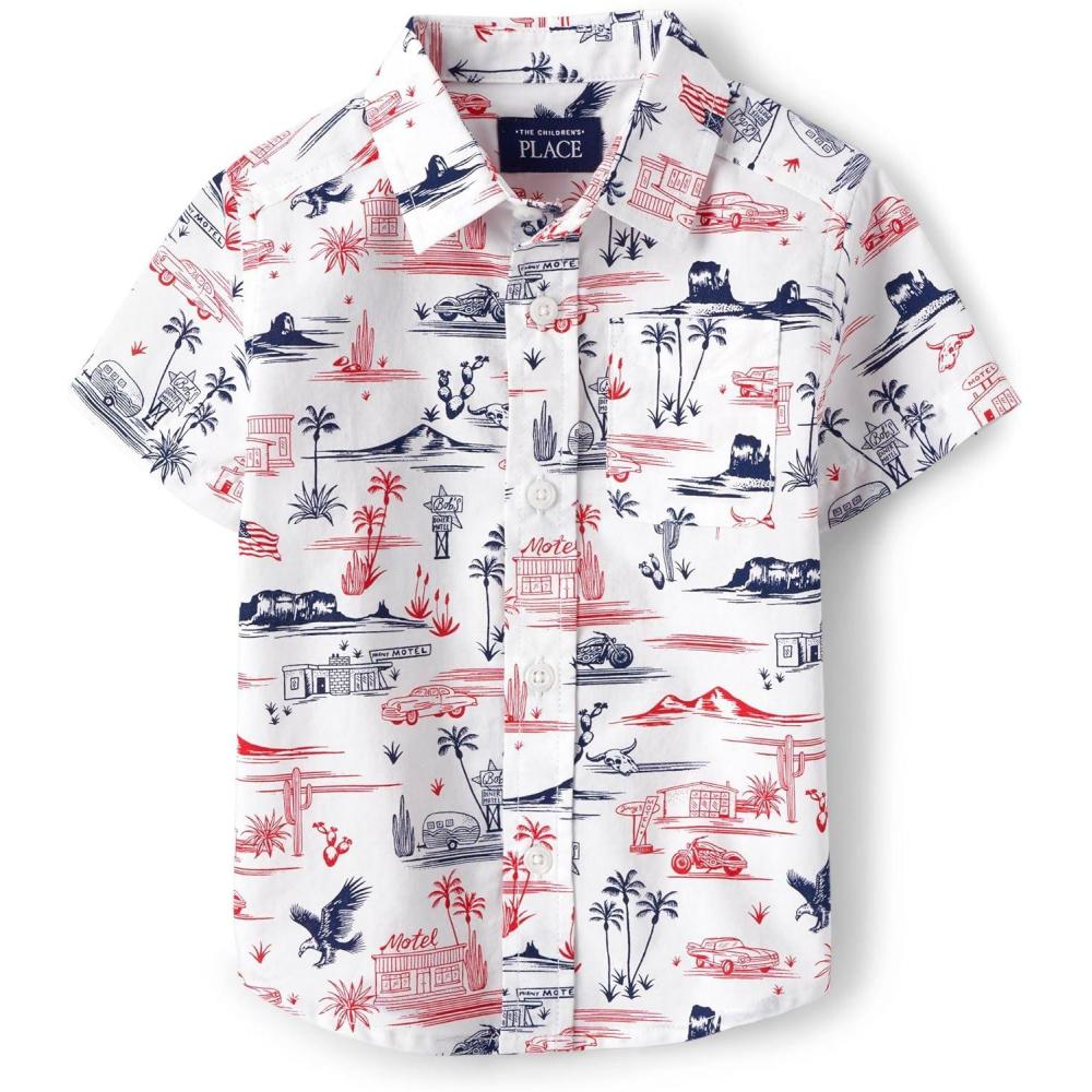 imageThe Childrens Place Baby Boys and Toddler Poplin Short Sleeve Button Down ShirtUsa Road Trip