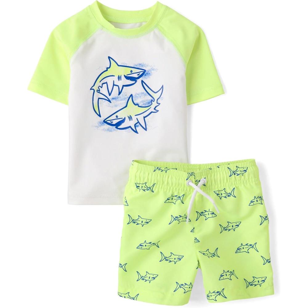 imageThe Childrens Place Baby Boys and Toddler Short Sleeve Rashguard and BottomsLime Zest