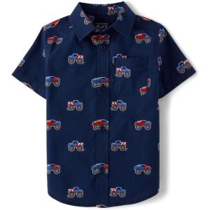 The Children’s Place Baby Boys’ and Toddler Poplin Short Sleeve Button Down Shirt(America Monster Trucks)