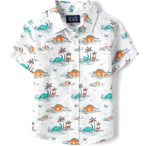 The Children’s Place Baby Boys’ and Toddler Poplin Short Sleeve Button Down Shirt(Blue Orange Dino Print)