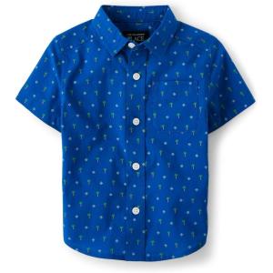 The Children’s Place Baby Boys’ and Toddler Poplin Short Sleeve Button Down Shirt(Blue Palm Geo)