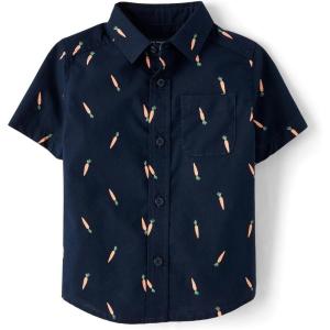 The Children’s Place Baby Boys’ and Toddler Poplin Short Sleeve Button Down Shirt(Navy Carrots)