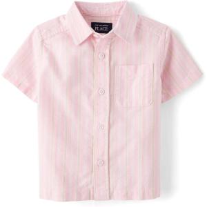 The Children’s Place Baby Boys’ and Toddler Poplin Short Sleeve Button Down Shirt(Pink Stripes)