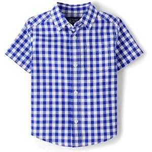The Children’s Place Baby Boys’ and Toddler Poplin Short Sleeve Button Down Shirt(Renew Blue Plaid)