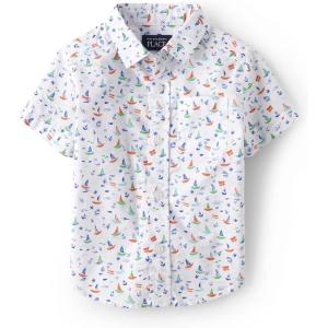 The Children’s Place Baby Boys’ and Toddler Poplin Short Sleeve Button Down Shirt(Small Boat Print)