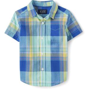 The Children’s Place Baby Boys’ and Toddler Poplin Short Sleeve Button Down Shirt(Waterfall Plaid)