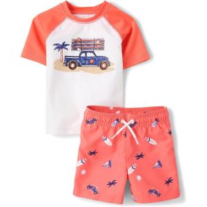 The Children’s Place Baby Boys’ and Toddler Short Sleeve Rashguard and Bottoms(Cabana Coral)