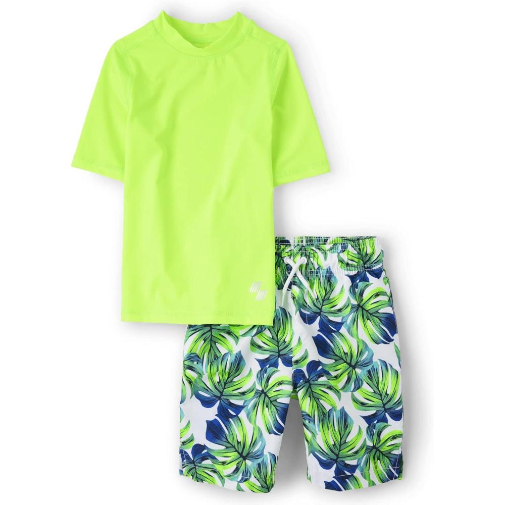 imageThe Childrens Place Boys Short Sleeve Rashguard and Swim Trunk 2piece SetGreen Palms