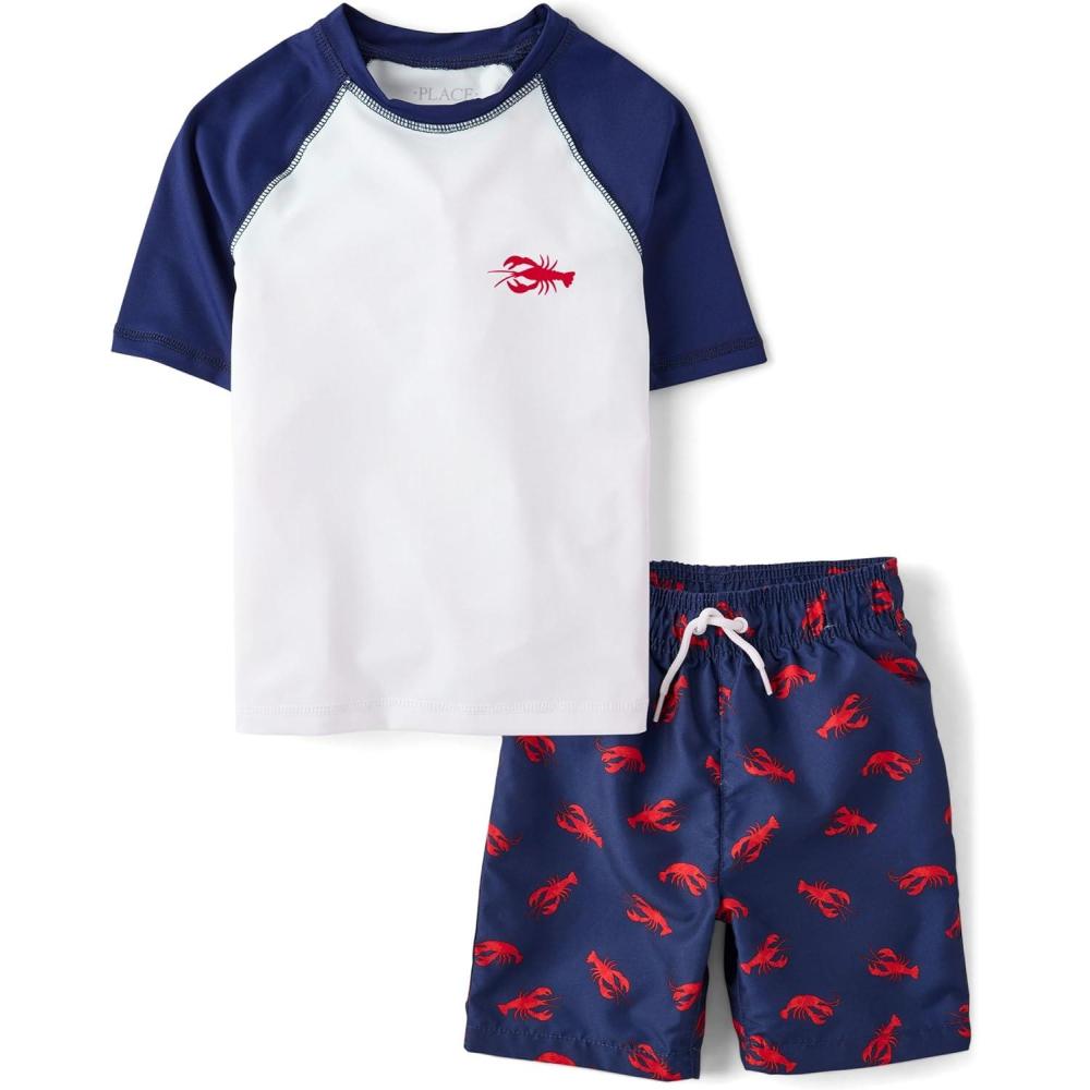 imageThe Childrens Place Boys Short Sleeve Rashguard and Swim Trunk 2piece SetLobsters