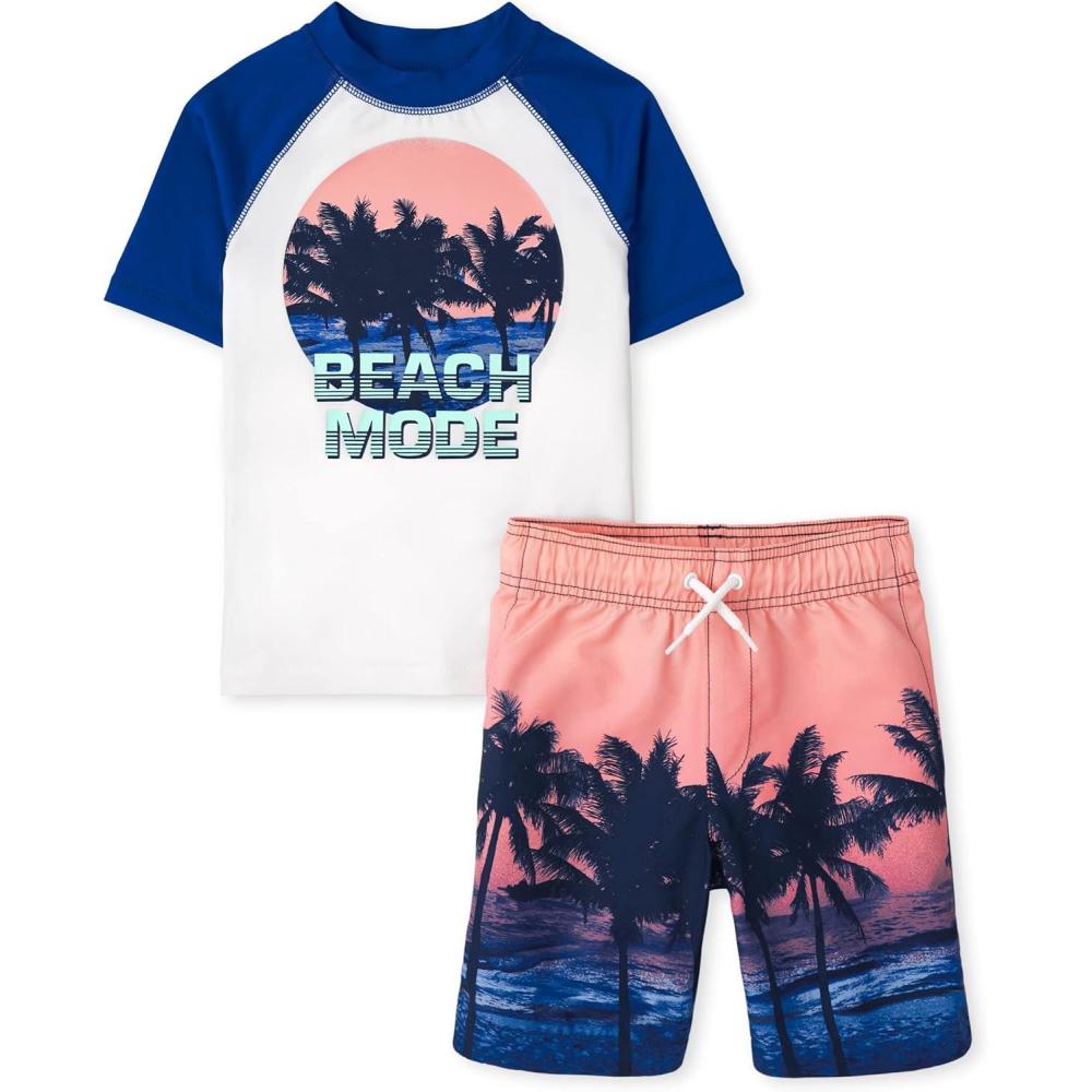 imageThe Childrens Place Boys Short Sleeve Rashguard and Swim Trunk 2piece SetQuench Blue