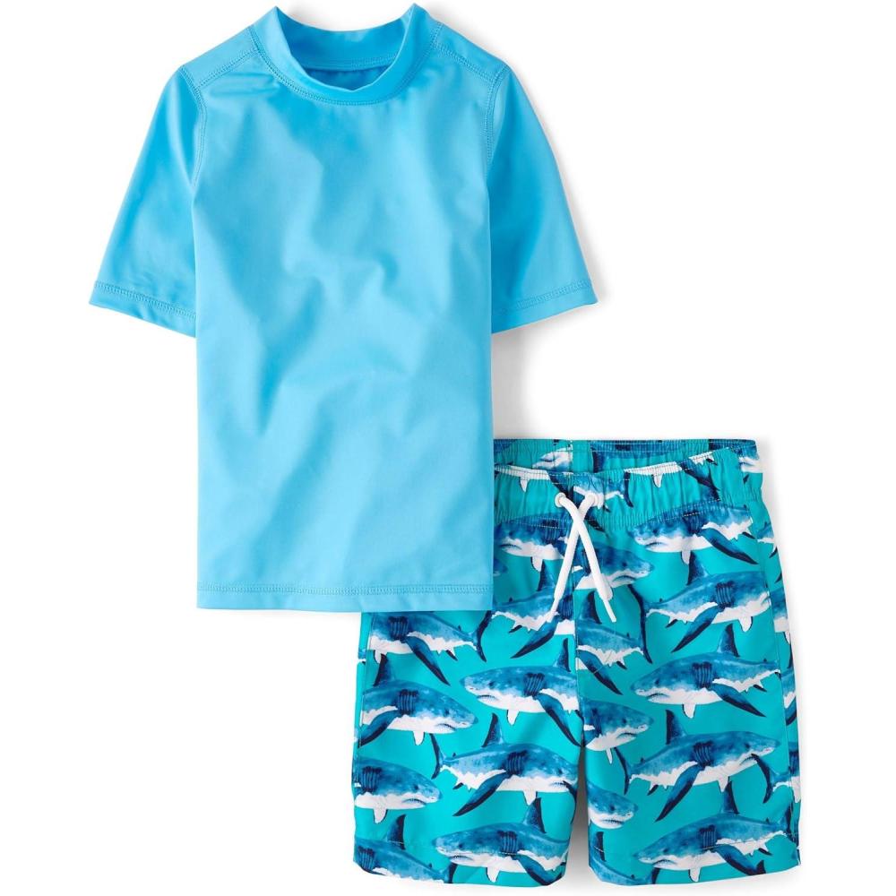 imageThe Childrens Place Boys Short Sleeve Rashguard and Swim Trunk 2piece SetSea Sharks