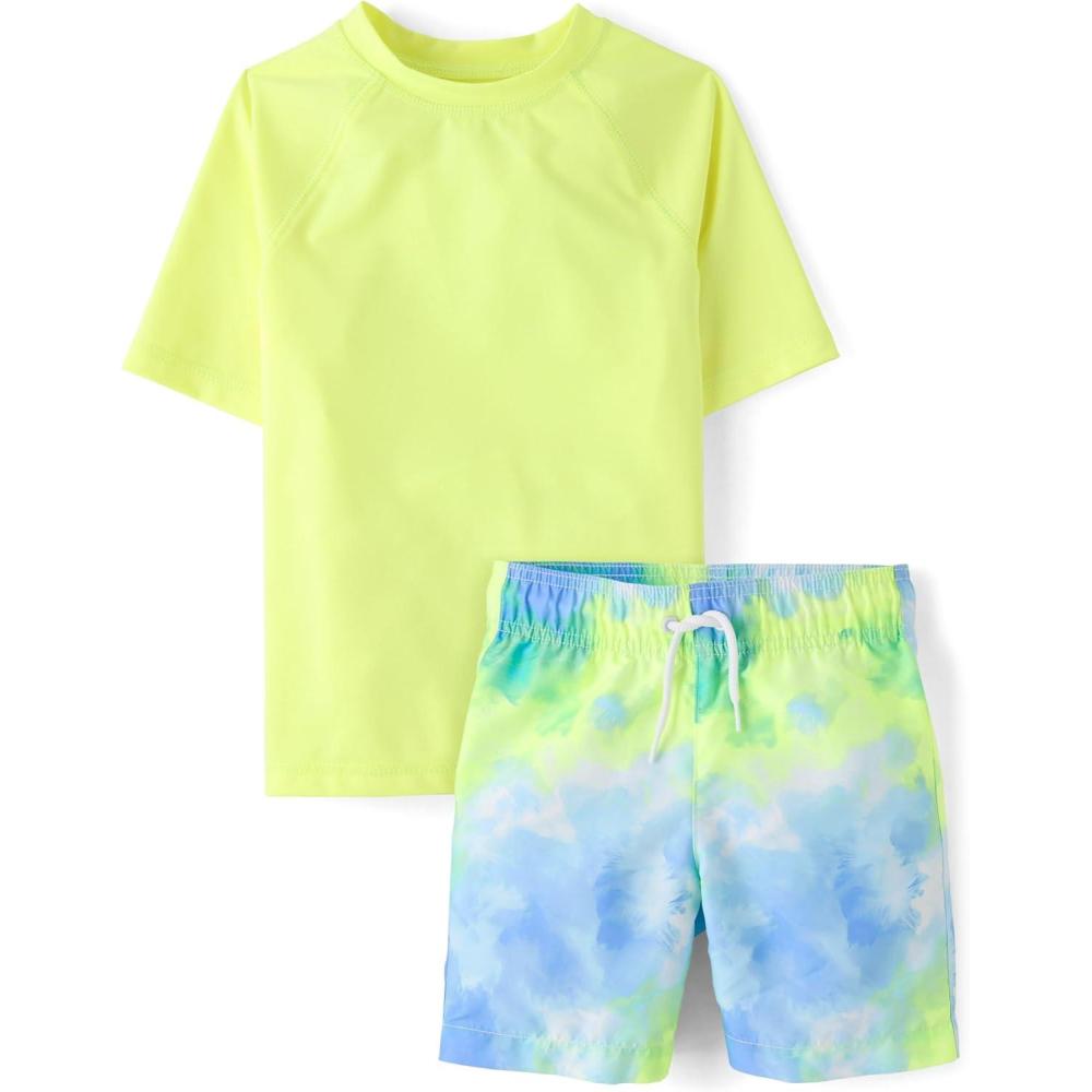 imageThe Childrens Place Boys Short Sleeve Rashguard and Swim Trunk 2piece SetTie Dye Yellow